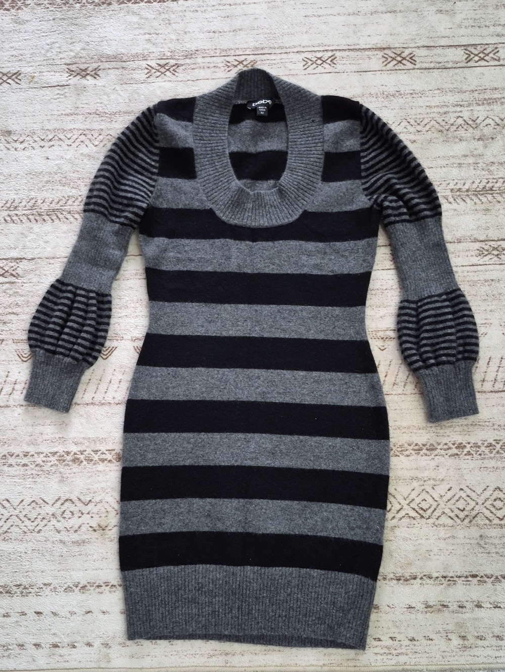 bebe Black & Gray Striped Midi Sweater Dress
